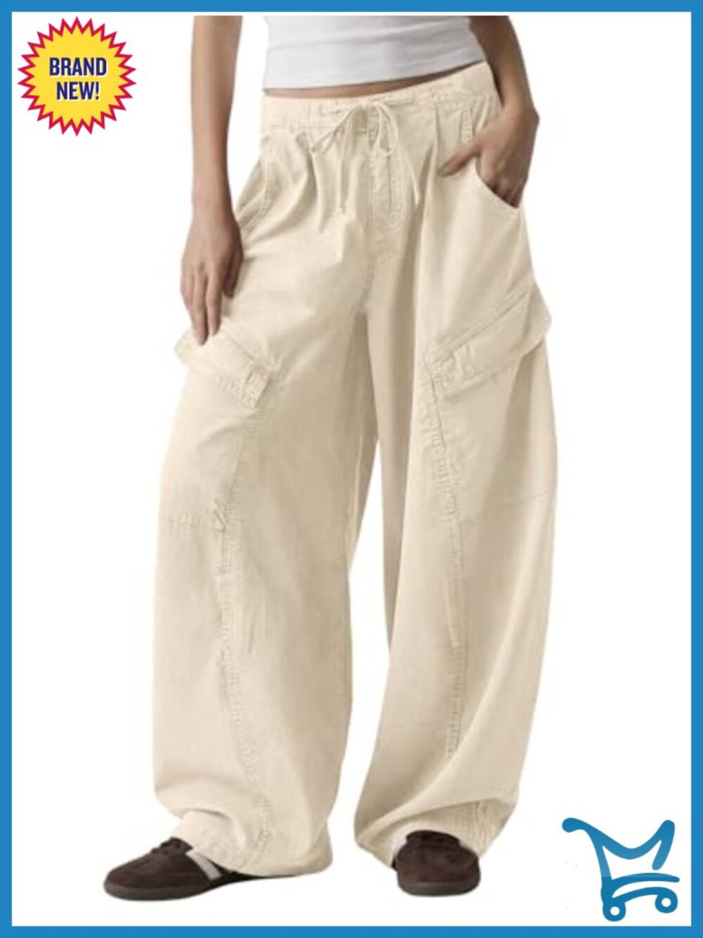 Cotton Barrel Cargo Pants Elastic Waist Wide Leg Casual